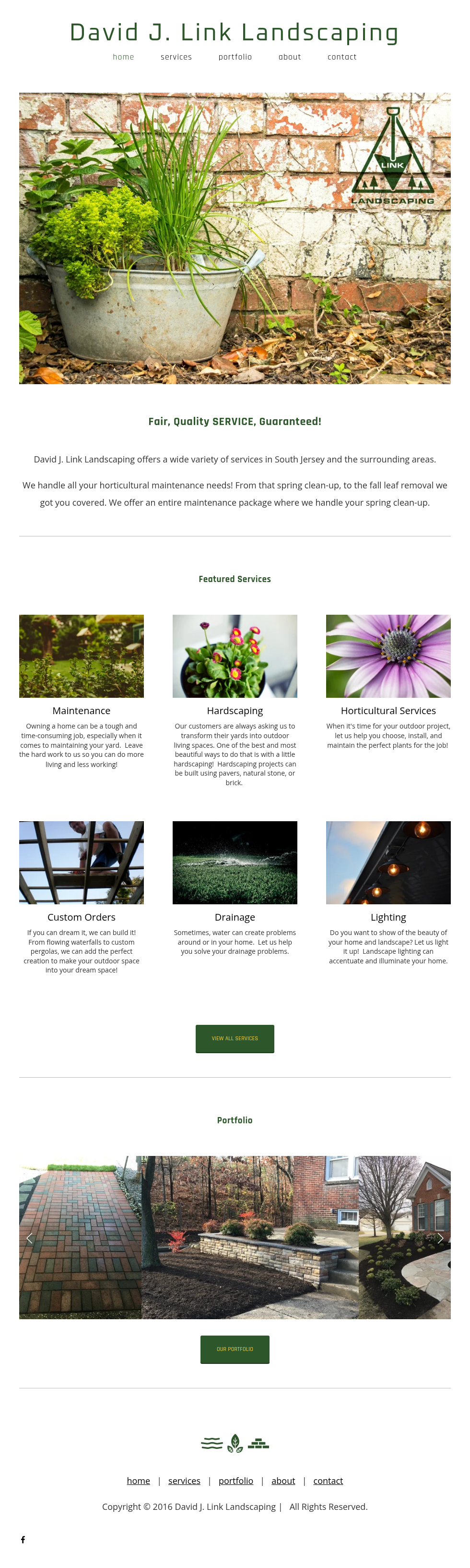 Current mobile website for David J Link Landscaping LLC showing broken layout